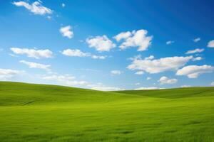 AI generated green grass hill and blue sky photo