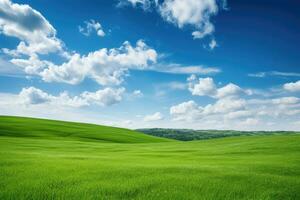 AI generated green grass hill and blue sky photo