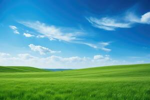 AI generated green grass hill and blue sky photo