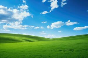 ai generado verde césped colina y azul cielo foto