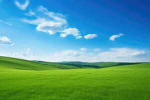 AI generated green grass hill and blue sky photo