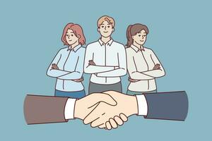 Handshake of business people during making deal and office employees standing with crossed arms vector