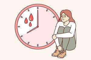 Suffers from painful menstruation sitting near clock with drops blood and needs help of gynecologist vector