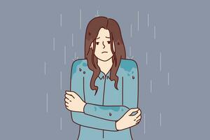 Woman stands shivering in rain without outer clothing and risks getting sick and catching cold vector