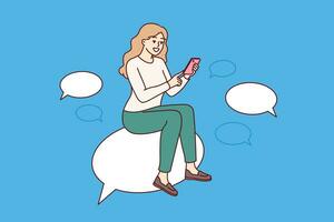 Woman is chatting on mobile phone, sitting on speech bubble and typing SMS on social networks vector