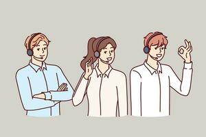 Call center or customer support employees use headset with microphone to make telephone sales vector