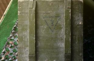 Soviet army ammunition stack of green crates with russian names of ammo type and category photo