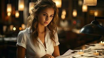 AI generated Young woman working hard in the office with documents with information, stuck at work, concept business and finance office career photo