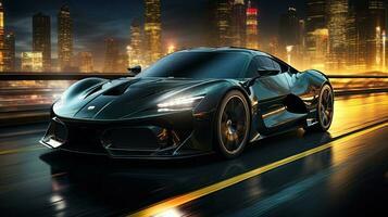 AI generated Fast sports car supercar driving fast on the road at night photo