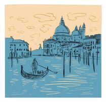 Silhouette of the skyline and architecture of Venice with a gondola on the water. Vector hand drawn illustration