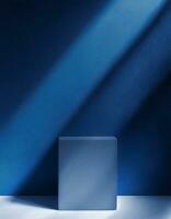 AI generated Minimalistic abstract background for product presentation. Light on a dark blue wall. photo