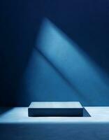 AI generated Minimalistic abstract background for product presentation. Light on a dark blue wall. photo