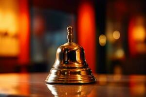 AI generated A shiny service bell sits on a reception desk with a warm, bokeh light background. photo