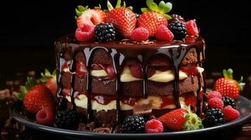 AI generated Delicious sweet beautiful chocolate sponge cake dessert with berries strawberries blackberries blueberries and raspberries photo