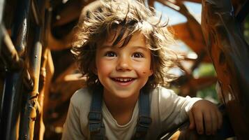 ai generado contento alegre niño chico jugando y sonriente en el yarda en un soleado día foto