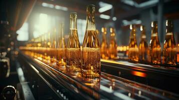 AI generated Glass beer bottles on a bottling conveyor line in a beverage brewery photo