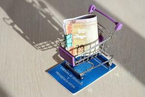 Brazilian work card and social security blue book and reais money bills in shopping cart photo