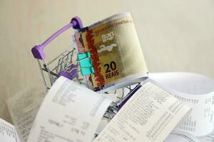 Brazilian reais money bills bunch in shopping trolley surrounded by many paper receipts photo