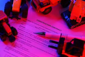 Construction contract with pen lies on table with many yellow construction and service toy vehicles photo