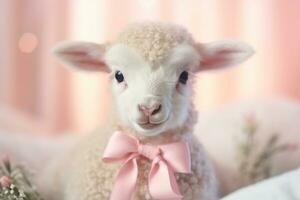 AI generated Close-up of a baby lamb with a pink bow. Concept embodies innocence and new beginnings. photo