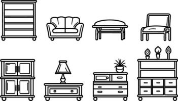 Furniture icons set. collection of linear simple web icons such as kitchen, bathroom, sofa, bedroom, table, etc. Editable vector stroke. AI generated illustration.