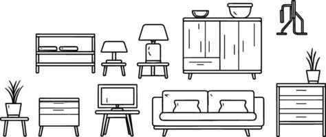 Furniture icons set. collection of linear simple web icons such as kitchen, bathroom, sofa, bedroom, table, etc. Editable vector stroke. AI generated illustration.