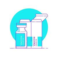 Isolated vector illustration of covid vaccine vial in flat style with outline. Glass ampoule template with box for medical design, logo. Injection bottle linear icon