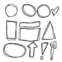 Vector set of hand drawn scribble arrows, squares, circles, exclamation marks, question marks