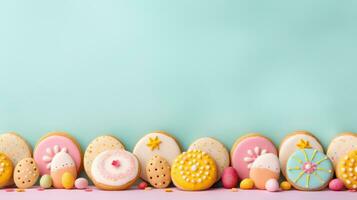 AI generated Easter-themed cookies, cupcakes, and other treats, set against a colorful background with copy space photo
