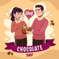 Flat vector of a young boy giving young girl a heart-shaped box of chocolate for Chocolate Day. Creative Valentine day banner design template