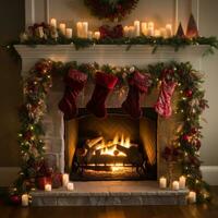 AI generated fireplace adorned with garland, twinkling lights, and stockings hung photo