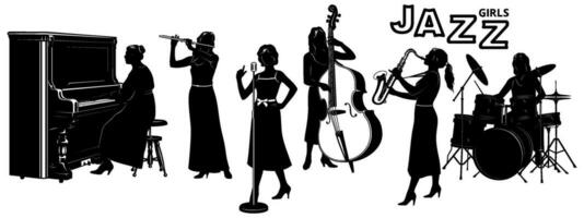 mujer jazz banda siluetas colocar. pianista, flautista, cantante, doble bajista, saxofonista, batería. vector imágenes prediseñadas