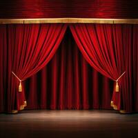 AI generated A classic theater stage with red velvet curtains and customizable copy text photo