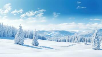 AI generated panoramic view of a snowy landscape with snow-covered trees and a bright blue sky, photo