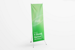 vertical standing x banner with textured canvas paper realistic editable mockup design template isolated psd