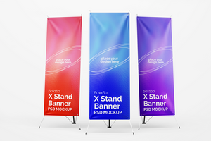 vertical standing x banner with textured canvas paper realistic editable mockup design template isolated psd