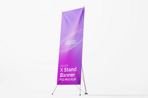 vertical standing x banner with textured canvas paper realistic editable mockup design template isolated psd