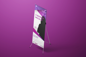 vertical standing x banner with textured canvas paper realistic editable mockup design template isolated psd