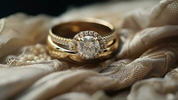 AI generated A close-up of a bride's hand showcasing her intricate engagement ring and wedding band. photo