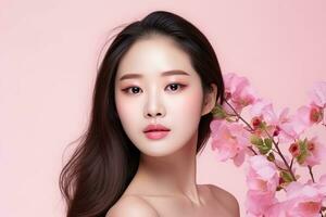 ai generado coreano belleza modelo con perfecto piel y primavera flores foto