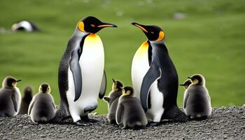 ai generado un familia de emperador pingüinos en su natural habitat foto