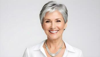 AI generated A Smiling Older Woman with Short Gray Hair photo