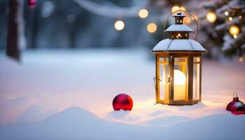 ai generado de invierno calor un acogedor linterna en el nieve foto
