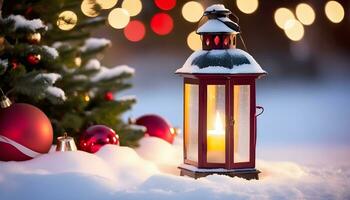 AI generated A Cozy Winter Scene A Red Lantern and Christmas Tree in the Snow photo