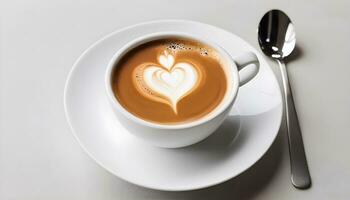 ai generado en forma de corazon espuma Arte en un humeante taza de café foto