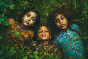 ai generado Tres pequeño muchachas disfrutando un día al aire libre en el césped foto