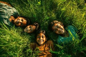 AI generated Five Children Lying in the Long Green Grass photo