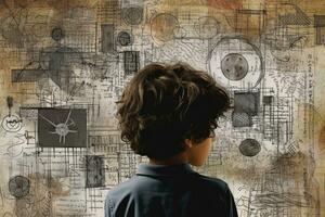 AI generated a young boy with glasses looking at a wall covered in a chaotic drawing. The drawing contains numerous circles and other elements, creating a visually busy scene. The boy appears to be curious and engaged with the artwork in front of him. photo