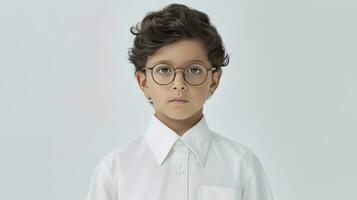AI generated a young boy with glasses, dressed in a white shirt, looking at the camera while sitting down. The boy's focus and expression create an engaging and captivating scene. photo