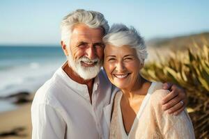 AI generated Happy elderly couple hugging on the ocean photo